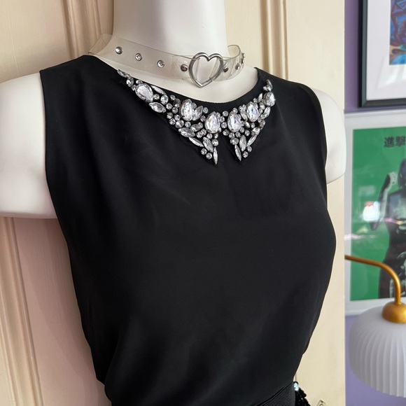Black Vintage Business-Formal or Date Night blouse w/ Jewelled Peter Pan Collar - Picture 2 of 8